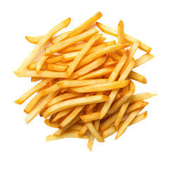 French fries in a pile in a top view, PNG, in a Food-themed, isolated, and transparent photorealistic illustration.