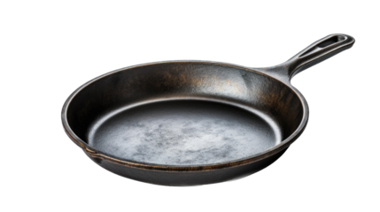 a cast iron skillet/pan in a 3/4 view, PNG, in a Kitchen utensil-themed, isolated, and transparent photorealistic illustration. Generative ai
