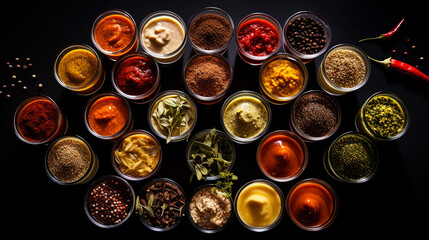 Various condiments in cups food background. Spice textured.