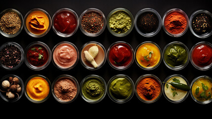 Various condiments in cups food background. Spice textured.