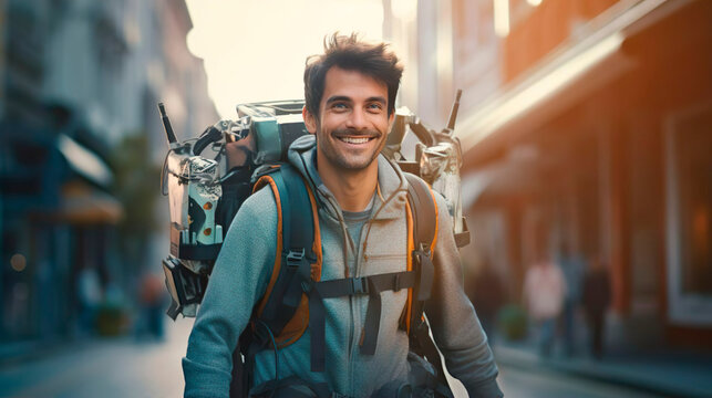 Happy jet pack man courier messenger is ready to fly. Fast box delivery post service in the city. Male guy employee wears jet suit works in the express flying shipping. Innovation invention start up