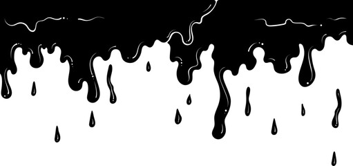 Dripping silhouette liquid, wax, honey, slime, paint. Melted chocolate or oil. Vector illustration in hand drawn style. Black graphics isolated on white