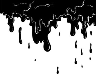 Dripping silhouette border liquid, wax, honey, slime, paint. Melted chocolate or oil. Vector illustration in hand drawn style. Black graphics isolated on white, Drops background