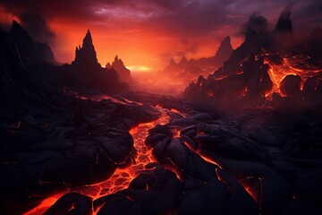 Rough lava stone formations contrasted against a fiery background.