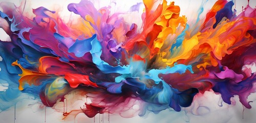 Several distinct and distinctive brilliant hues of paint flow together on a revolving canvas to form an abstract background.