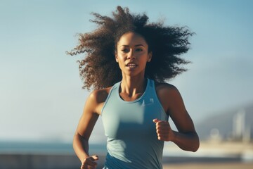 Young afro american woman runner running on city bridge road against blue background