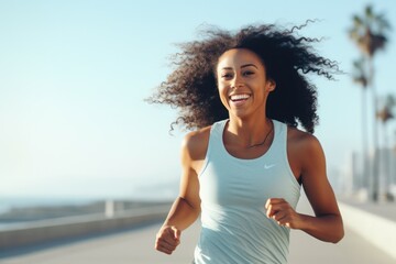 Young afro american woman runner running on city bridge road against blue background - 682548539