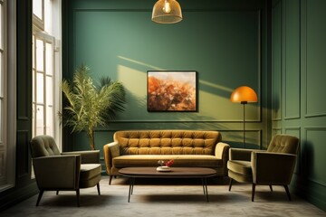 interior of modern living room with green walls, concrete floor, green sofa and armchairs. Elegant Minimalist Green Living Room.