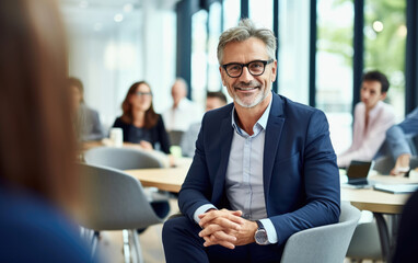 Executive group coaching session, coach is 60 year old man with greying hair and glasses sitting in a modern office - obrazy, fototapety, plakaty