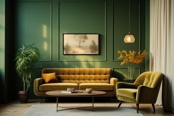 Green living room interior with sofa and armchair. Elegant Minimalist Green Living Room.