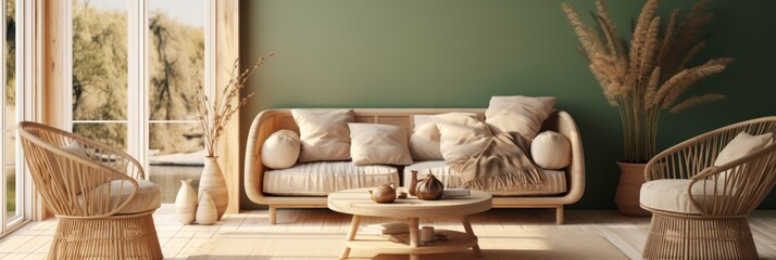 Obraz na płótnie Canvas Interior of modern living room with sofa and armchair. Elegant Minimalist Green Living Room.