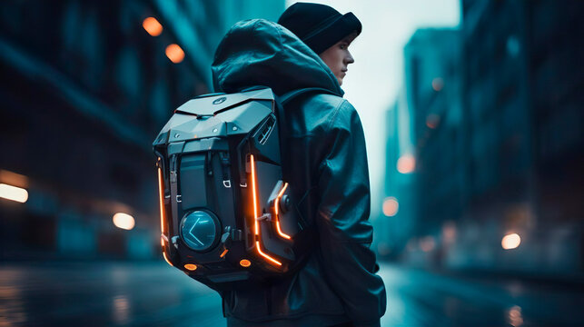 Future transport and technology. Jet pack male courier messenger is ready to fly. Delivering cargo, online orders, purchases, goods, packages in the city with drone engine. Express flying shipping