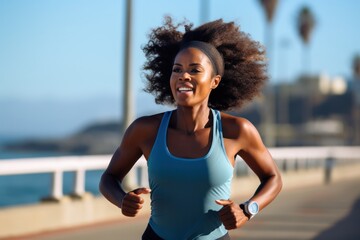 Portrait of sporty black woman runner running on city bridge road against blue background. Afro...