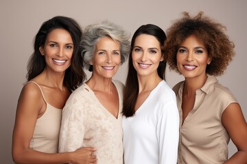 Obraz premium a diverse group of women friends, natural beauties in a skin-care ad with a simple-colored background, in a Cosmentic-themed, realistic illustration in JPG. Generative ai