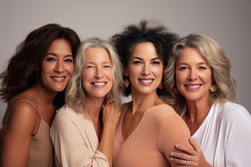 Obraz premium a diverse group of women friends, natural beauties in a skin-care ad with a simple-colored background, in a Cosmentic-themed, realistic illustration in JPG. Generative ai