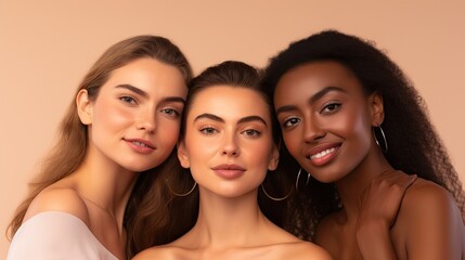 a diverse group of women friends, natural beauties in a skin-care ad with a simple-colored background, in a  Cosmentic-themed, realistic illustration in JPG.  Generative ai