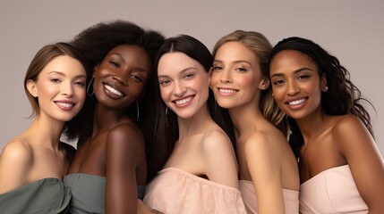 Obraz premium a diverse group of women friends, natural beauties in a skin-care ad with a simple-colored background, in a Cosmentic-themed, realistic illustration in JPG. Generative ai