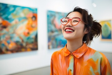 An Asian woman in vibrant clothes with glasses, young joyful Asian woman in a modern art gallery, wearing a trendy jumpsuit and glasses