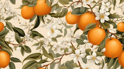 a horizontal format of orange blossoms, leaves, and fruit with a light-colored background in a  Food-themed, realistic illustration in JPG.  Generative ai
