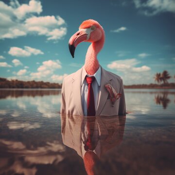 a flamingo in a suit in water