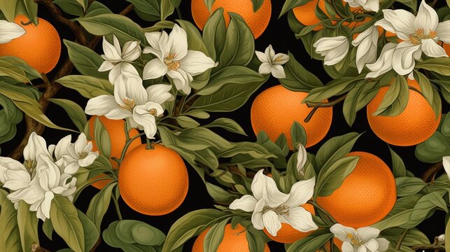 a horizontal format of orange blossoms, leaves, and fruit with a green-colored background in a  juicy Fruit-themed, realistic illustration in JPG. Generative ai