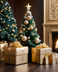 Tło świąteczne, prezenty, Boże Narodzenie, złoty efekt bokeh - obrazy, fototapety, plakaty