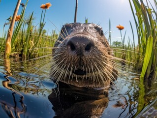 Close up portrait of a muskrat, nutria or beaver. Detailed image of the muzzle. A wild animal is looking at something. Illustration with distorted fisheye effect. Design for cover, card, decor, etc. - obrazy, fototapety, plakaty