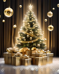 Tło świąteczne, prezenty, Boże Narodzenie, złoty efekt bokeh - obrazy, fototapety, plakaty