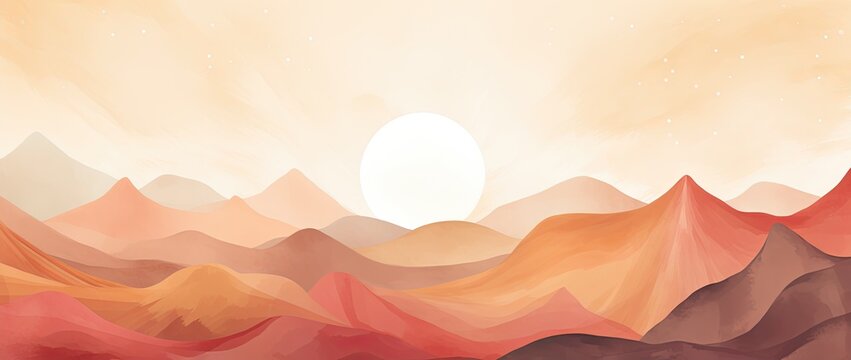 an abstract watercolor illustration of mountains and sun with sunburst design Generative AI