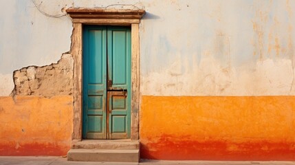 The dilapidated wall of the building and the wooden door require major repairs. Facade of a house with damaged plaster. Photophone for retro shooting. Illustration for cover, card, interior design.