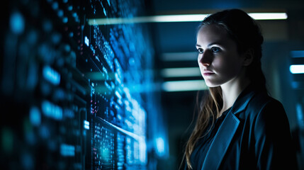 Obraz premium Eye level magazine style photo of young woman network engineer, abstract cloud data imagery
