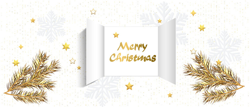 Christmas advent door opening. Realistic an open wide doors with golden letters, golden Christmas tree branch on white. Template for Christmas posters, headers, seasonal wallpaper. Vector illustration