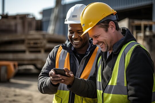 a horizontal format of two construction workers looking at their phones and smiling in a Building-themed, realistic illustration in JPG. generative ai