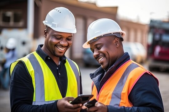 a horizontal format of two construction workers looking at their phones and smiling in a Building-themed, realistic illustration in JPG. generative ai