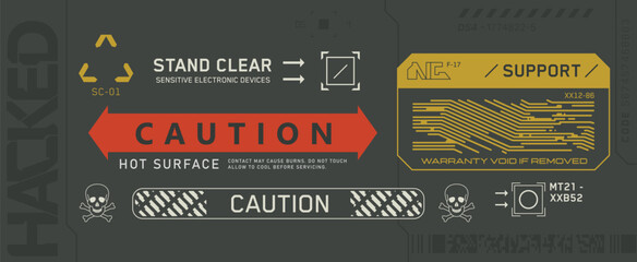 Cyberpunk decals set. Set of vector stickers and labels in futuristic style. Warning signs, futuristic Inscriptions and technical symbols. 