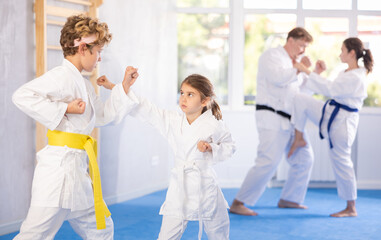 Parent with child partners pupils trained to perform defensive karate installations and attacking...