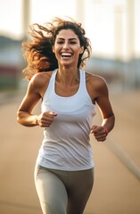 Close up portrait of smiling athlete woman runner outdoors, wearing sporty clothes and jogging