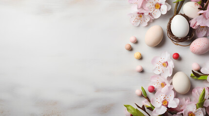 Whimsical Easter Delight A Background of Flowers and Eggs with Space for Creativity. Generative AI