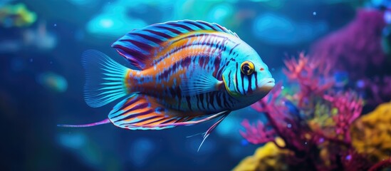 Obraz na płótnie Canvas In the crystal clear waters of the tropical sea, a colorful, tropical fish with vibrant hues glides gracefully, mesmerizing all with its vibrant colors as it swims among the aquatic life, creating a