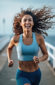 Close up portrait of smiling athlete woman runner outdoors, wearing sporty clothes and jogging