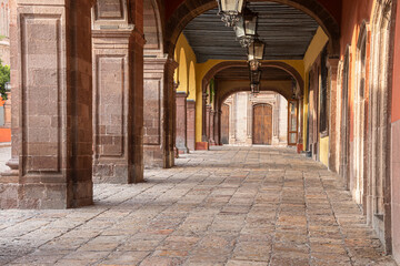 Colonial hallway at dawn in San Miguel de Allende, Mexico.