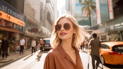 Obraz premium danish girl walking in the business central district streets of hong kong, 16:9