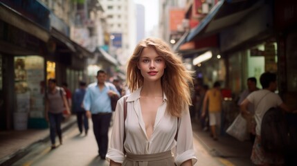 danish girl walking in the business central district streets of hong kong, 16:9 - obrazy, fototapety, plakaty