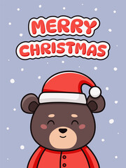 Christmas card with cute black bear dressed in Santa Claus costume. Vector illustration in cartoon style