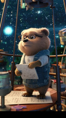 A pensive animated bear stands with a notebook in an observatory, surrounded by stars, embodying the spirit of celestial discovery and contemplation.
