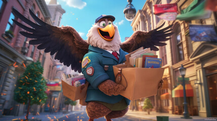 An eagle dressed as a postman spreads its wings on a city street, blending a sense of duty with the fantasy of animal characters in human roles.