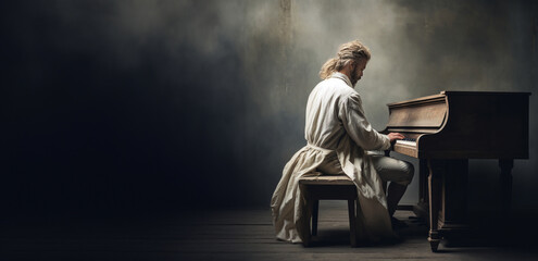 Composer, pianist with long hair dressed in old style. Playing the piano - obrazy, fototapety, plakaty
