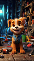 An animated puppy with a bright expression stands in a workshop, surrounded by tools and machine parts, exuding a sense of curiosity and adventure.
