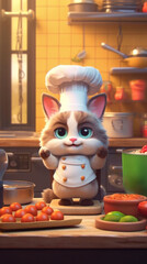 An animated cat chef with a tall white hat prepares a meal in a cozy kitchen, surrounded by fresh ingredients. The character exudes culinary charm and skill in a warm, inviting setting.