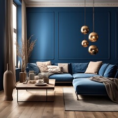 Blue living room interior with blue sofa, coffee table and gold decorations. Elegant Minimalist Blue Living Room.